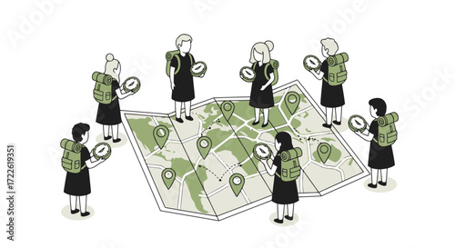 Vector art of travelers with backpacks looking at a world map