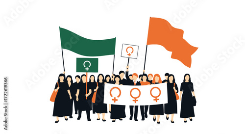 Vector art of group of women holding feminist symbols and flags