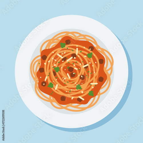 A classic Italian dish of spaghetti and meatballs in a rich marinara sauce, garnished with parmesan and parsley, flat vector illustration