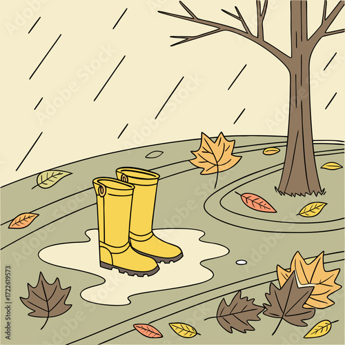 Illustration of yellow rain boots in a puddle surrounded by fallen leaves under a rainy sky and bare tree