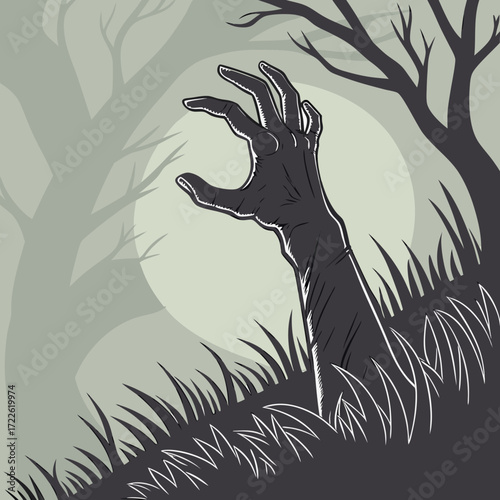 A spooky scene depicting a zombie hand emerging from the ground in a graveyard with bare trees around