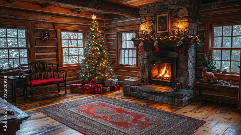 Naklejka premium Cozy Christmas cabin living room with fireplace and tree