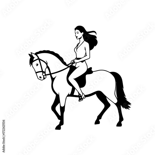 Black and white line art of a beautiful woman with perfect body riding horse elegant minimalist illustration