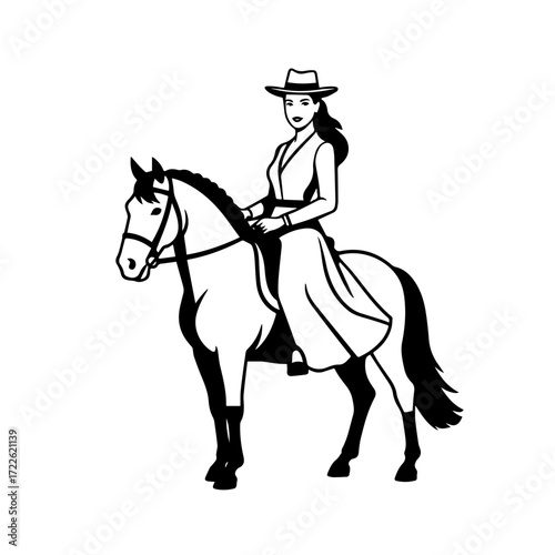 Black and white line art of a beautiful woman with perfect body riding horse elegant minimalist illustration