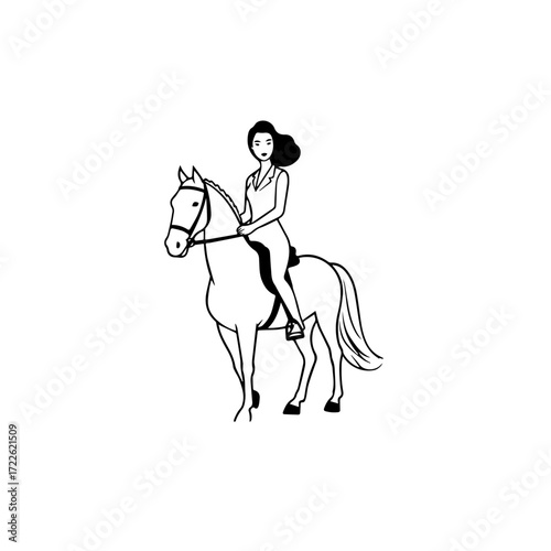 Black and white line art of a beautiful woman with perfect body riding horse elegant minimalist illustration