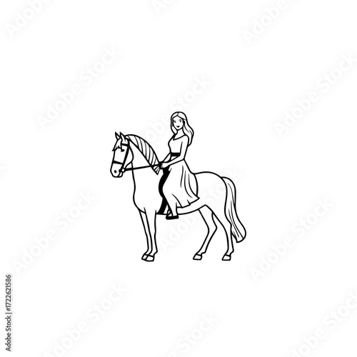 Black and white line art of a beautiful woman with perfect body riding horse elegant minimalist illustration
