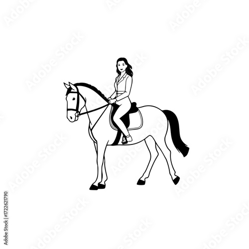 Black and white line art of a beautiful woman with perfect body riding horse elegant minimalist illustration