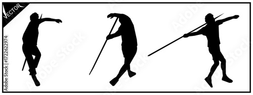 Three silhouettes of javelin throwers. Different poses on a white background.