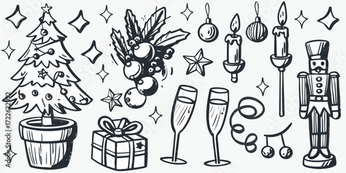 Hand drawn christmas elements collection with tree gift box candles nutcracker and champagne glasses