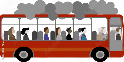 Passengers on a red double decker bus with smoke coming from the top symbolizing pollution and environmental concerns