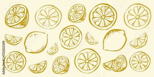 Golden yellow hand drawn lemon slices and whole fruits scattered on a light cream background