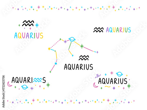 Set of Aquarius zodiac sings. Colorful cartoon constellations and lettering sings. Hand drawn felt-tip pen talisman tattoo, logo, sticker. Isolated element.