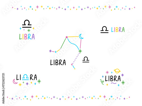 Set of Libra zodiac sings. Colorful cartoon constellations and lettering sings. Hand drawn felt-tip pen talisman tattoo, logo, sticker. Isolated element.