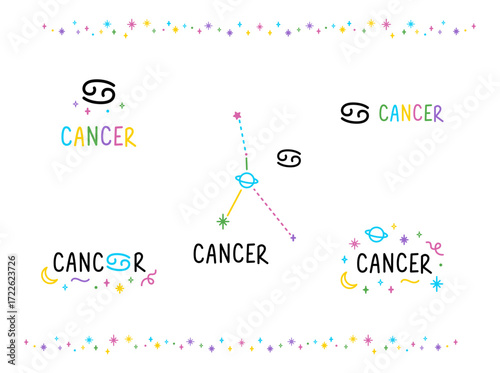 Set of Cancer zodiac sings. Colorful cartoon constellations and lettering sings. Hand drawn felt-tip pen talisman tattoo, logo, sticker. Isolated element.