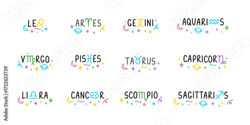 Set of 12 astrological zodiac lettering and sings with moon, spirkles, stars. Сartoon tattoo, logo, sticker. Isolated element. Hand drawn colorful felt-tip pen illustration.