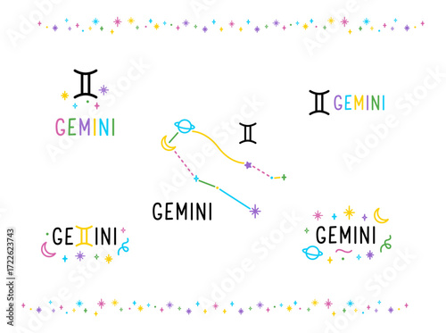 Set of Gemini zodiac sings. Colorful cartoon constellations and lettering sings. Hand drawn felt-tip pen talisman tattoo, logo, sticker. Isolated element.