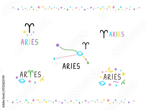 Set of Aries zodiac sings. Colorful cartoon constellations and lettering sings. Hand drawn felt-tip pen talisman tattoo, logo, sticker. Isolated element.