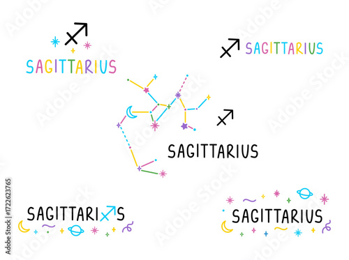 Set of Sagittarius zodiac sings. Colorful cartoon constellations and lettering sings. Hand drawn felt-tip pen talisman tattoo, logo, sticker. Isolated element.