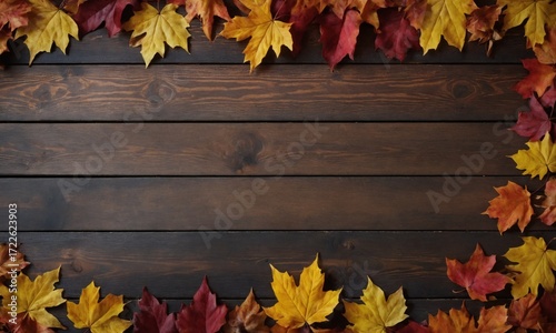 Capture the cozy autumn vibe with this inviting wood background framed by vibrant fall leaves