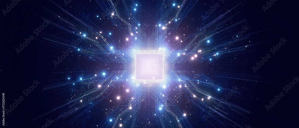 Fototapeta premium Abstract technology background of a quantum computing system with processor and electronic circuit. 