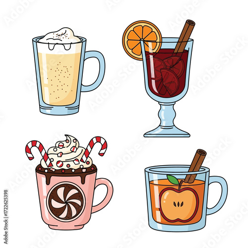 Four festive drinks, including hot chocolate, cider, mulled wine, and a spiced apple drink, depicted in cartoon style.