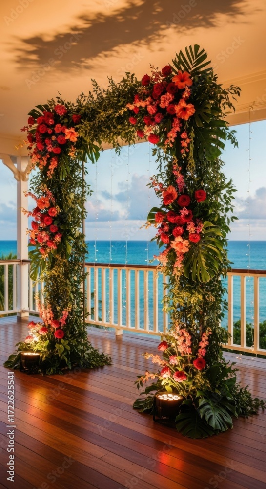 Fototapeta premium Exquisite Floral Wedding Arch with Ocean Backdrop for a Romantic Ceremony