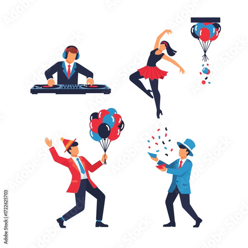 A vibrant illustration showcasing a DJ, ballerina, and two celebratory figures, one with balloons and the other throwing confetti.
