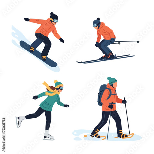 Illustration featuring individuals engaging in various winter sports activities, isolated.