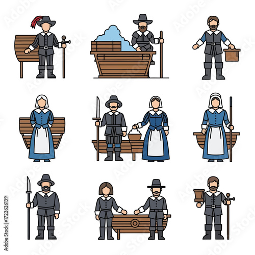 Collection of nine illustrations depicting people in historical pilgrim or colonial attire, engaged in various activities and poses.