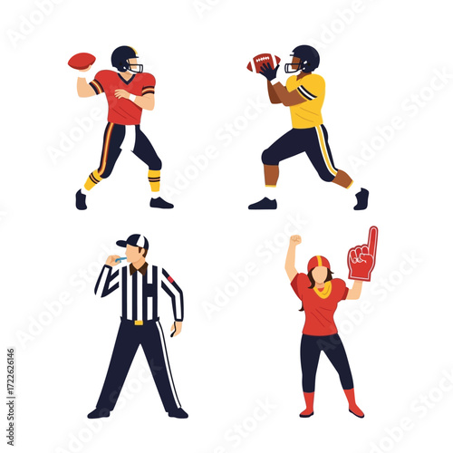 Four illustrations depict American football: two players throwing/catching the ball, a referee, and a cheering fan.