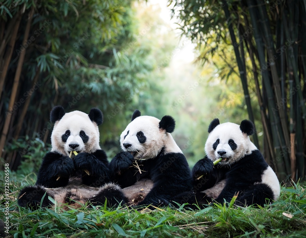 Fototapeta premium Three pandas eating bamboo in a forest