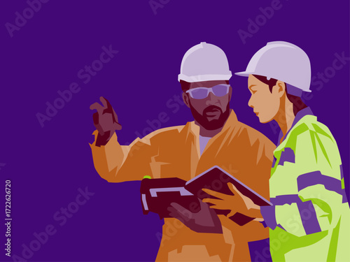 Two male and female engineers are inspecting machinery in a factory. Illustration graphic design.