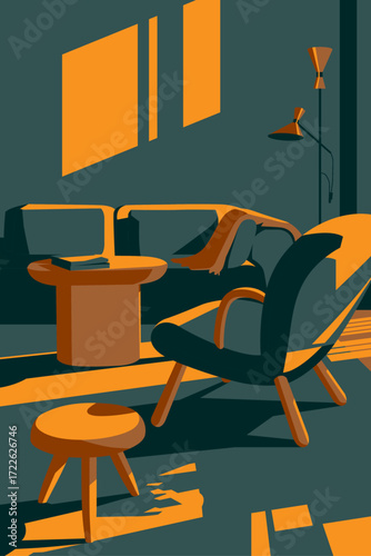 A simple, stylish living room with sunlight streaming in creates a warm atmosphere. Illustration graphic design.