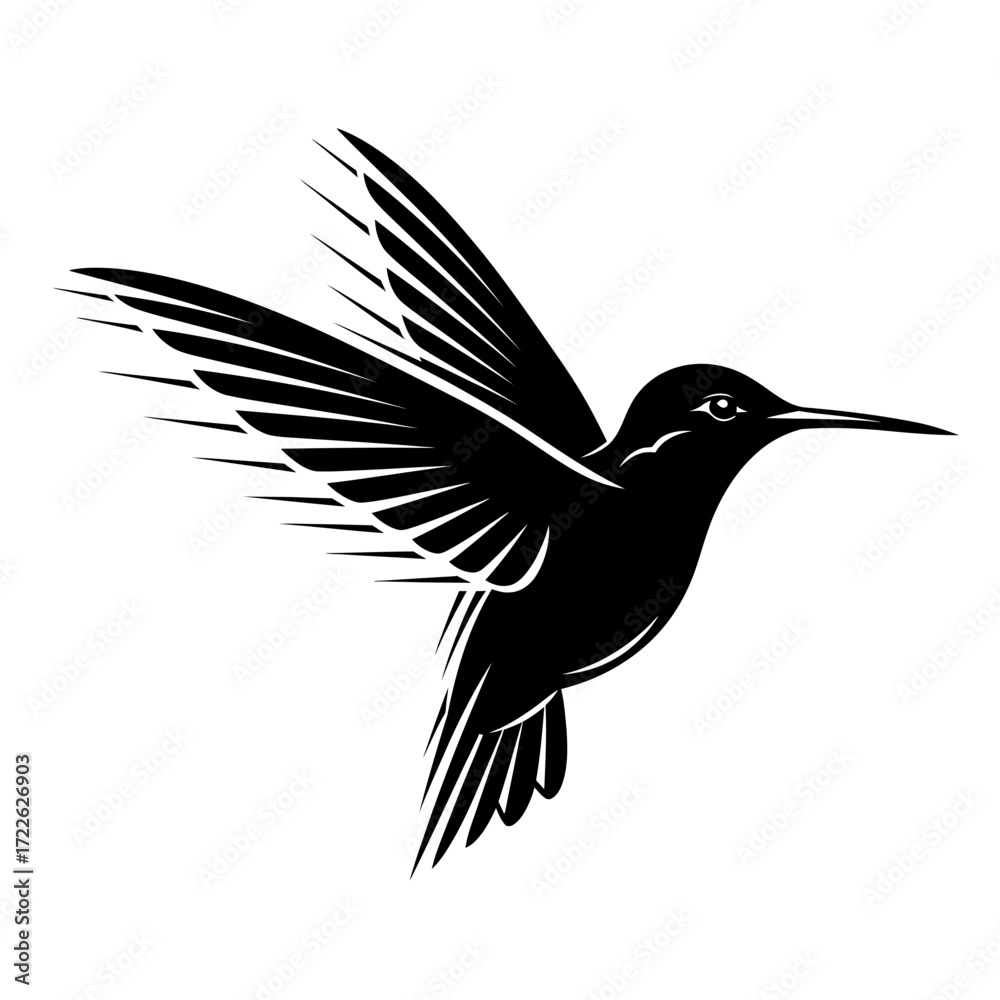 Obraz premium Elegant black hummingbird silhouette in graceful flight with outstretched wings, a minimalist vector illustration.