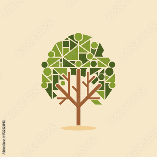 Abstract stylized illustration of a tree composed of geometric shapes.