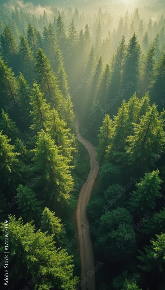 Fototapeta premium Aerial view of winding road through evergreen forest