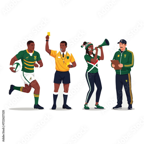 Rugby match officials and players, a referee showing a yellow card, a supporter blowing a horn, and a coach.