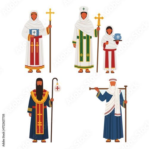 Ethiopian Orthodox Tewahedo Church clergy and acolyte, depicted in traditional vestments.