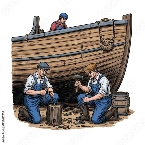 Three shipwrights meticulously repair a wooden boat, using hand tools and working collaboratively on the hull.