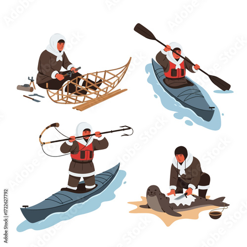 A collection of illustrations depicting Inuit people engaged in traditional activities, including crafting, hunting, and kayaking.