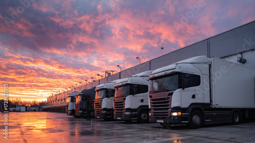 Closeup row of trucks parked in front of warehouse factory building