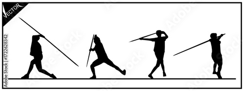 Set of silhouette illustrations of javelin throwers. Different poses on a white background.