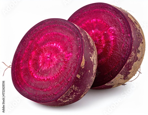 Two beetroot halves showcasing vibrant concentric rings of dark purple flesh, against a white backdrop, suggesting freshness and natural appeal