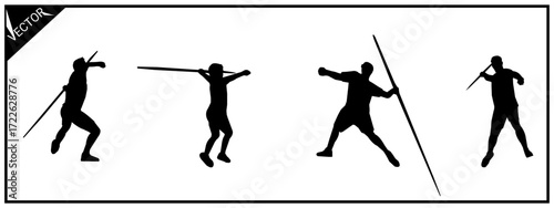 Collection of javelin throw silhouettes. Vector isolated on white background.