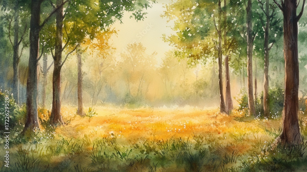 Fototapeta premium Sunlight Filtering Through Trees in Serene Forest Field