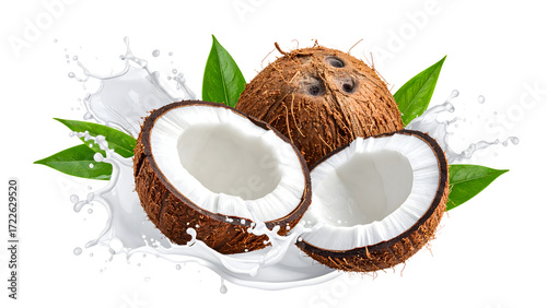 Two halves of a coconut and a whole coconut surrounded by splashing white liquid and green leaves on a white background.