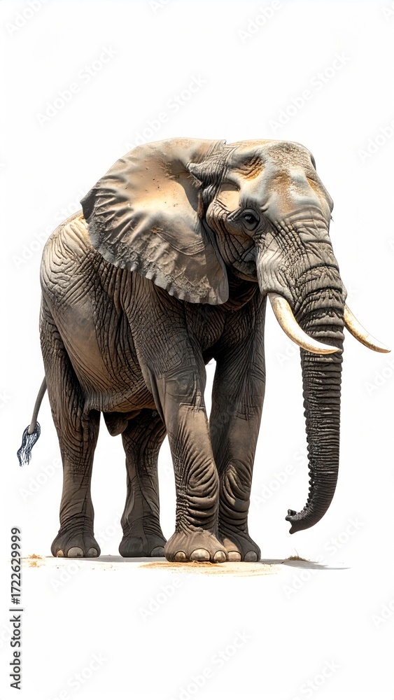 Obraz premium A full-bodied shot of a wild elephant, gray skin, large ears, and impressive tusks. It stands against a stark white background
