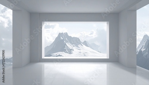 Serene white room with a breathtaking view of snow-capped mountains on a cloudy day.