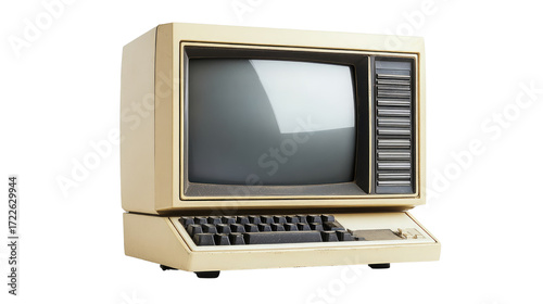 Vintage beige computer with a keyboard and screen ready to be the start of technology for people Isolated On Transparent and White Background