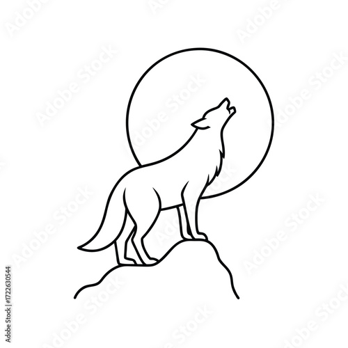 Minimalist vector line art of a wolf standing on a rocky outcrop silhouette